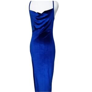 DELIMALI Women Velvet Slip Dress Sexy Midi Bodycon Navy Blue Sz Medium Like New